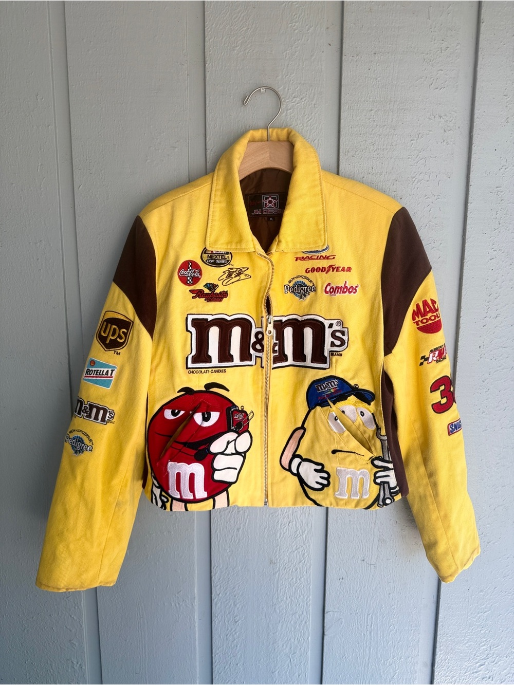Vtg JH Design M&M/Nascar racing jacket women’s XL yellow bomber Y2K twill
